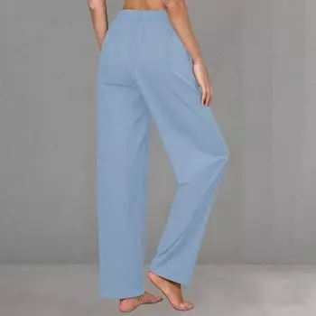 Женские повседневные однотонные широкие брюки из хлопка и льна с длинными брюками на эластичной талии L небесно-голубой
