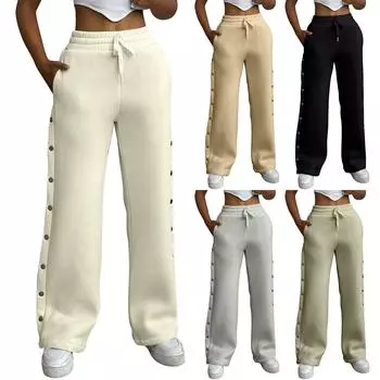 Женские повседневные однотонные широкие брюки с пуговицами XXL бежевый