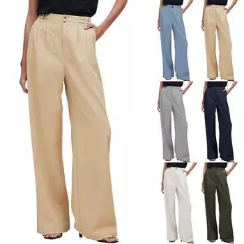 Женские повседневные однотонные широкие брюки с высокой талией, повседневные плиссированные брюки с карманами L бежевый