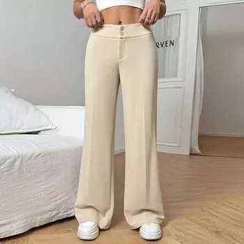 Женские повседневные однотонные свободные эластичные слегка расклешенные широкие брюки с высокой талией L бежевый