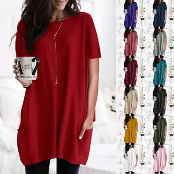 Женские повседневные однотонные свободные топы с круглым вырезом и короткими рукавами, блузки с карманом M армия зеленый