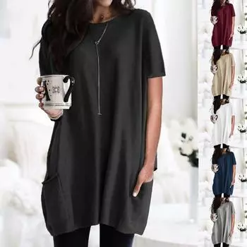 Женские повседневные однотонные свободные топы с круглым вырезом и короткими рукавами, блузки с карманом S чёрный