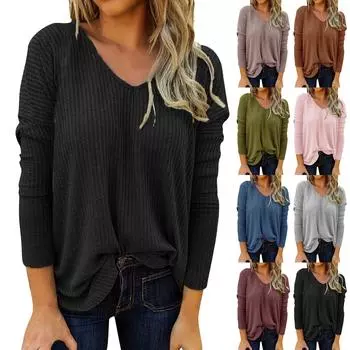 Женские повседневные однотонные свободные топы с v-образным вырезом и длинными рукавами S чёрный