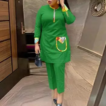 Женские повседневные однотонные топы и брюки больших размеров с круглым вырезом из иностранного материала и карманами в стиле пэчворк M ярко-розовый