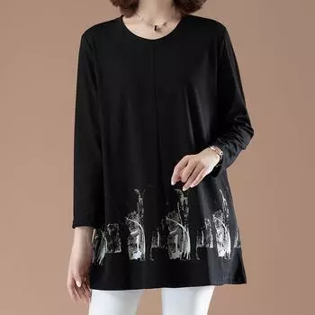 Женские повседневные однотонные топы с длинным рукавом и принтом весна-осень женская одежда свободные модные тонкие пуловеры с круглым вырезом футболка 6XL чёрный
