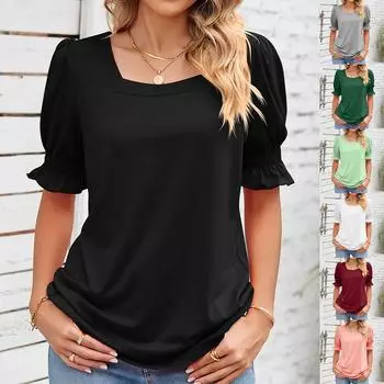 Женские повседневные однотонные топы с квадратным вырезом и короткими рукавами, блузки, футболка L зелёный