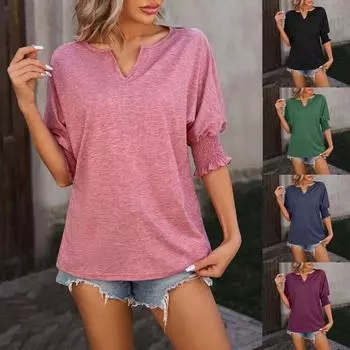 Женские повседневные однотонные топы с V-образным вырезом и короткими рукавами, блузки, футболка L чёрный
