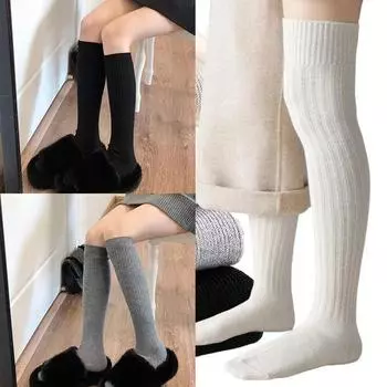 Женские повседневные осенне-зимние носки Harajuku Lolita, вязаные длинные носки, однотонные чулки, носки до щиколотки чёрный