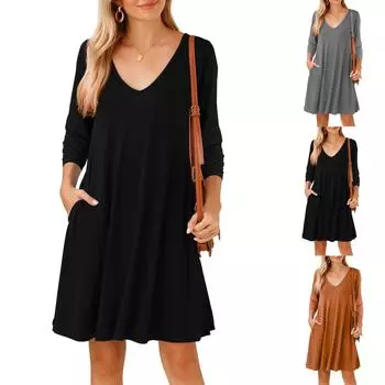 Женские повседневные осенние платья с рукавом 3/4 и V-образным вырезом, футболка, длинное платье-туника больших размеров S хаки