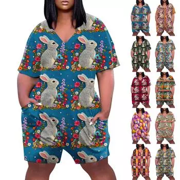 Женские повседневные пасхальные принты больших размеров с V-образным вырезом и карманами, комбинезоны с короткими рукавами, широкие шорты, комбинезоны L синий