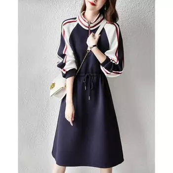 Женские повседневные платья 2024, осенняя мода, простые темпераментные длинные юбки, французское платье трапециевидной формы на молнии Y2k с талией, шикарное и элегантное 2XL темно-синий