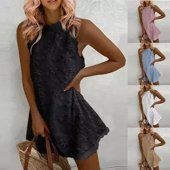 Женские повседневные платья без рукавов с вышивкой Женское платье-майка без рукавов Платье с круглым вырезом Однотонное летнее свободное повседневное кружевное платье M синий