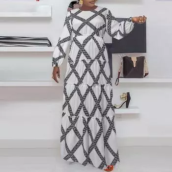 Женские повседневные платья больших размеров с круглым вырезом и длинными рукавами, плиссированные многослойные повседневные платья с геометрическим узором L чёрный