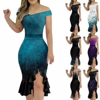 Женские повседневные платья для вечеринок с цветочным принтом, нерегулярный подол на одно плечо, сексуальное платье русалки с открытой спиной M циан