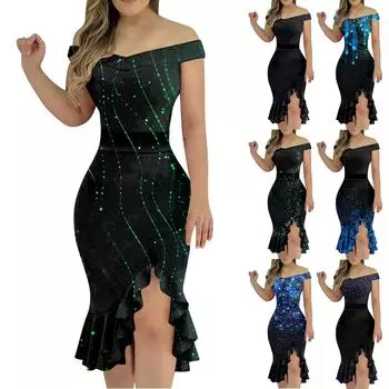 Женские повседневные платья для вечеринок с цветочным принтом, нерегулярный подол на одно плечо, сексуальное платье русалки с открытой спиной L чёрный