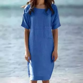 Женские повседневные платья из хлопка и льна с круглым вырезом S оранжевый