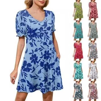 Женские повседневные платья Коктейльное платье с короткими рукавами и V-образным вырезом с карманами L синий