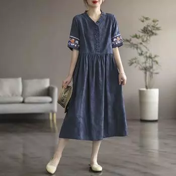 Женские повседневные платья, летние винтажные платья с V-образным вырезом и цветочной вышивкой, свободные женские длинные платья 3XL синий