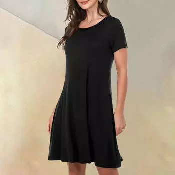 Женские повседневные платья Летние женские платья с коротким рукавом и круглым вырезом L чёрный