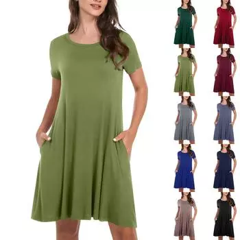 Женские повседневные платья Летние женские платья с коротким рукавом и круглым вырезом