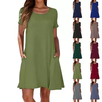 Женские повседневные платья Летние женские платья с коротким рукавом и круглым вырезом L чёрный