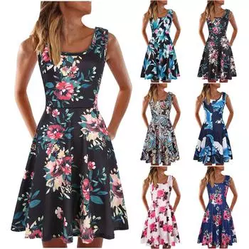 Женские повседневные платья-майки без рукавов с круглым вырезом, летнее платье с принтом для пляжа L чёрный