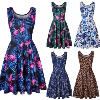 Женские повседневные платья-майки без рукавов с круглым вырезом, летнее платье с принтом для пляжа L синий