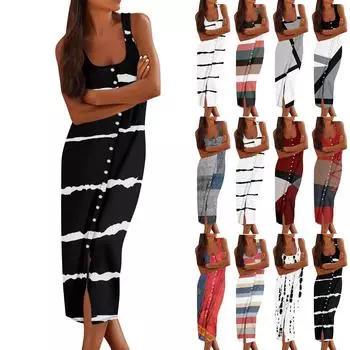 Женские повседневные платья-миди без рукавов, весенние облегающие платья с U-образным вырезом, рубашка с принтом, летнее платье L чёрный