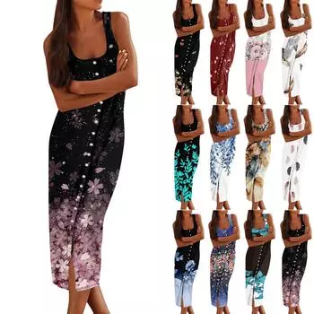 Женские повседневные платья-миди без рукавов, весенние облегающие платья с U-образным вырезом, рубашка с принтом, летнее платье L чёрный