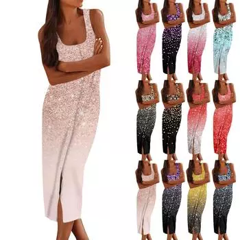 Женские повседневные платья-миди без рукавов, весенние облегающие платья с U-образным вырезом, рубашка с принтом, летнее платье L синий