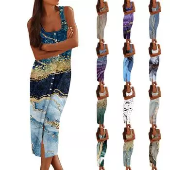 Женские повседневные платья-миди без рукавов, весенние облегающие платья с U-образным вырезом, рубашка с принтом, летнее платье L чёрный