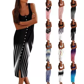 Женские повседневные платья-миди без рукавов, весенние облегающие платья с U-образным вырезом, рубашка с принтом, летнее платье L бежевый