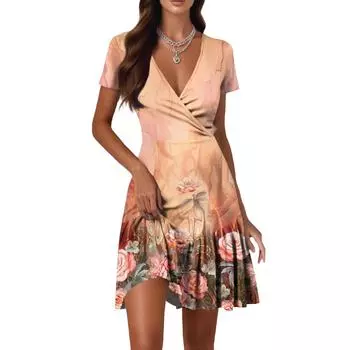 Женские повседневные платья модной длины с V-образным вырезом, коротким рукавом, в стиле пэчворк с цветочным принтом XXL оранжевый