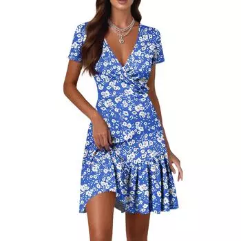 Женские повседневные платья модной длины с V-образным вырезом, коротким рукавом, в стиле пэчворк с цветочным принтом XXL синий