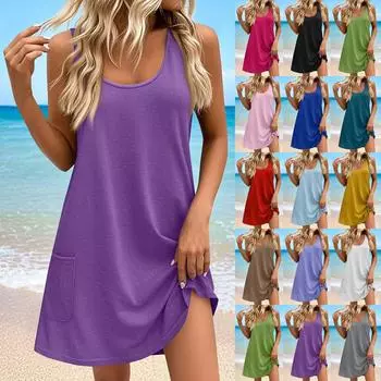 Женские повседневные платья на каждый день для свиданий с карманами без рукавов свободные платья L белый