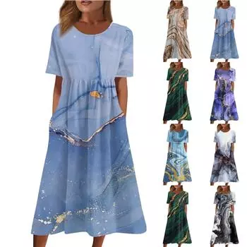 Женские повседневные платья Платья с принтом Летние платья Плиссированные свободные платья с круглым вырезом и принтом XL золотой