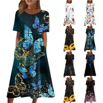 Женские повседневные платья Платья с принтом Летние платья Плиссированные свободные платья с круглым вырезом и принтом XL белый