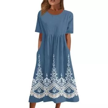 Женские повседневные платья Платья с принтом Летние платья Плиссированные свободные платья с круглым вырезом и принтом XL жёлтый