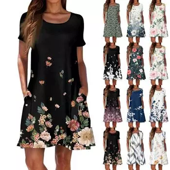 Женские повседневные платья. Повседневные летние платья с цветочным принтом и принтом. Женские платья с коротким рукавом и круглым вырезом.