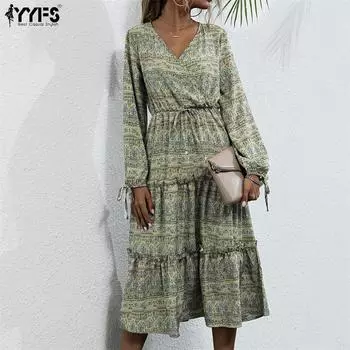 Женские повседневные платья с длинным рукавом и v-образным вырезом YYFS в винтажном стиле с цветочным принтом S жёлтый