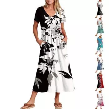 Женские повседневные платья с карманами, струящаяся длинная юбка, женское летнее платье-макси с V-образным вырезом и короткими рукавами L чёрный