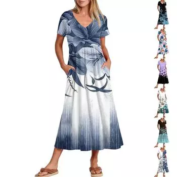 Женские повседневные платья с карманами, струящаяся длинная юбка, женское летнее платье-макси с V-образным вырезом и короткими рукавами L чёрный