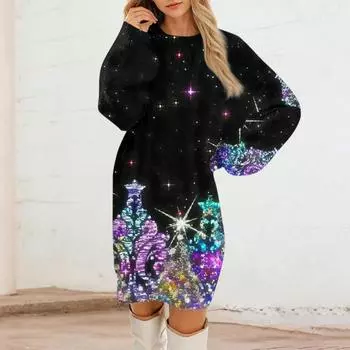 Женские повседневные платья с круглым вырезом и длинным рукавом из плюша с рождественским принтом L чёрный