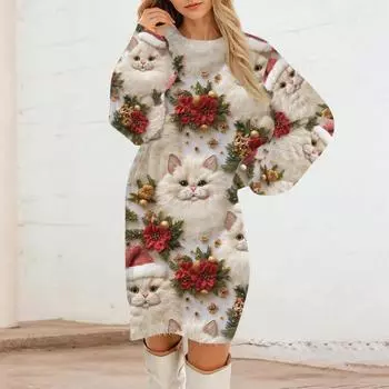 Женские повседневные платья с круглым вырезом и длинным рукавом из плюша с рождественским принтом L бежевый