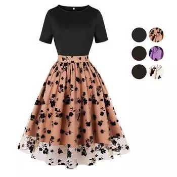 Женские повседневные платья с круглым вырезом и короткими рукавами, с затянутой талией, газовая юбка с цветочным принтом, ретро-миди, свободное платье, летняя повседневная рабочая праздничная одежда M чёрный/фиолетовый