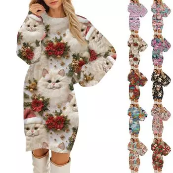 Женские повседневные платья с круглым вырезом и длинным рукавом из плюша с рождественским принтом S чёрный