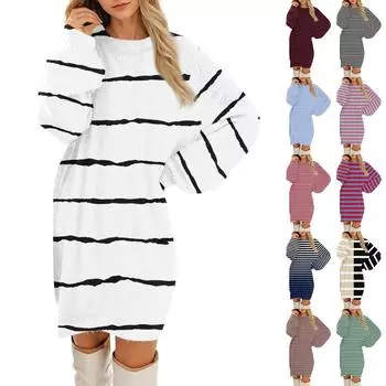 Женские повседневные платья с круглым вырезом и длинным рукавом из плюша в полоску с градиентом L чёрный