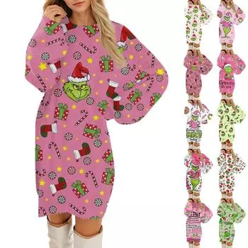Женские повседневные платья с круглым вырезом и длинным рукавом из плюша с рождественским принтом L красный