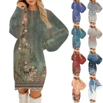 Женские повседневные платья с круглым вырезом и длинным рукавом из плюша с градиентным винтажным цветочным принтом L синий