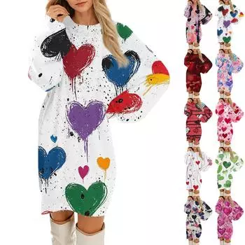 Женские повседневные платья с круглым вырезом и длинным рукавом из плюша с принтом ко Дню святого Валентина L чёрный